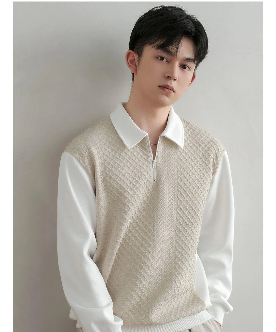 Trend Fashion Men Polo Shirts Spring Autumn New Lapel Half Zipper Fake Two Pieces Contrast Color Korean Casual Long Sleeve Tops