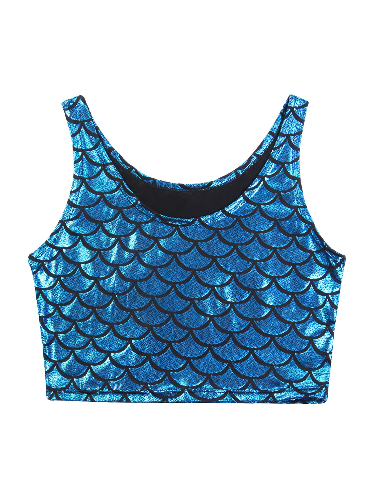 Women Shiny Metallic Crop Top Y2K Mermaid Fish Scale Print Cropped Tank Top Vest Festival Rave Pole Dance Costume Party Clubwear