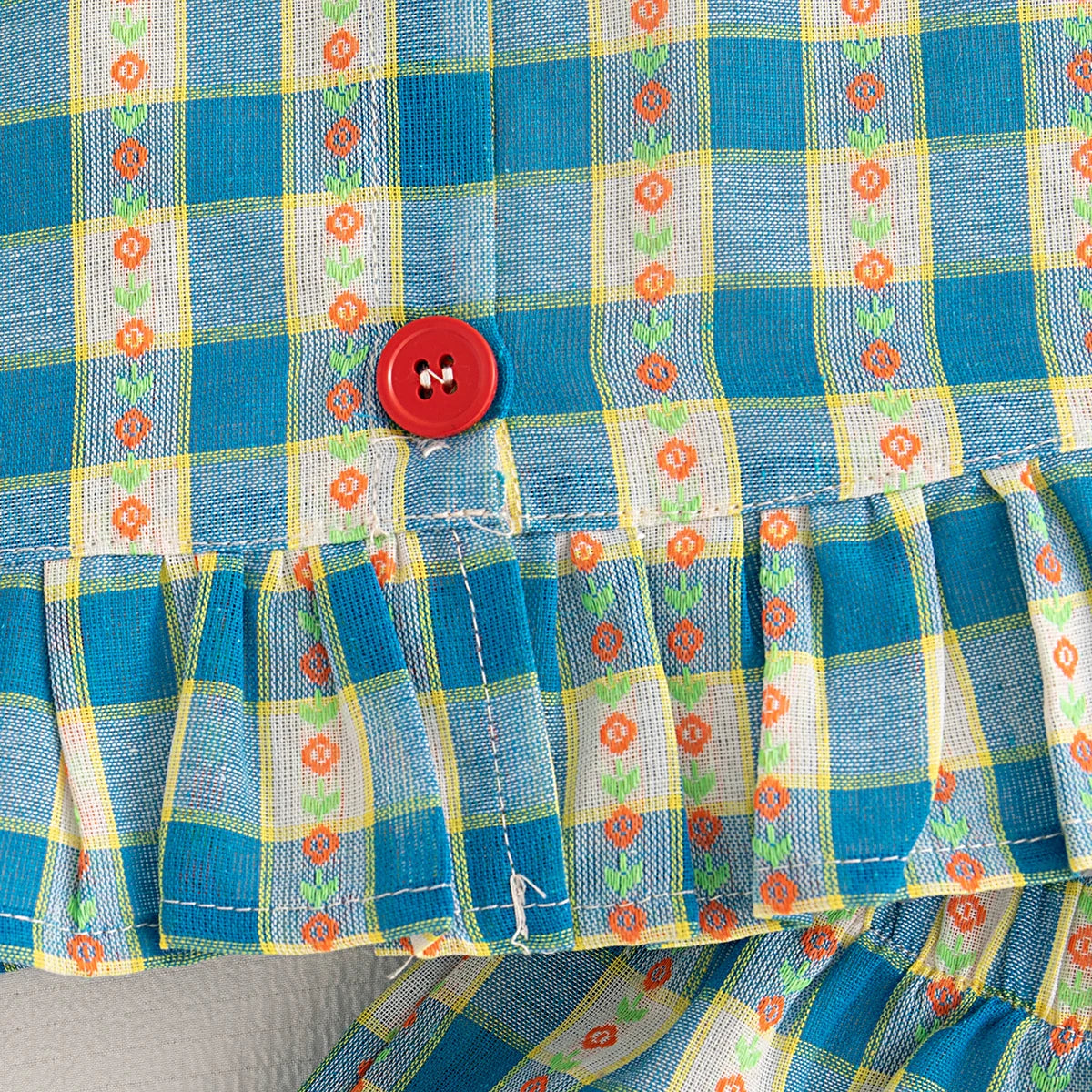 Baby Girl Set Blue Plaid Printed Bubble Sleeve Top with Shorts Suit Summer Girl Outdoor Outfit