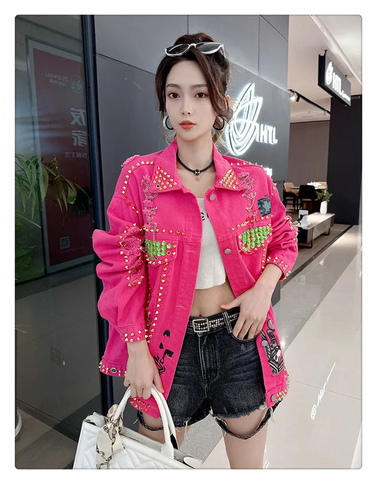 Women Graffiti Printed Rivets Denim Jacket Loose Holes Diamonds .