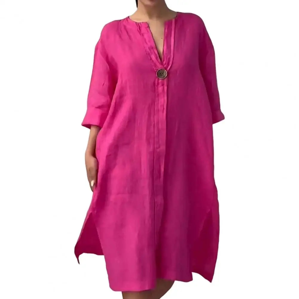 Soft Fabric Women Dress Button V-neck Dress Women's 'fashion/MH