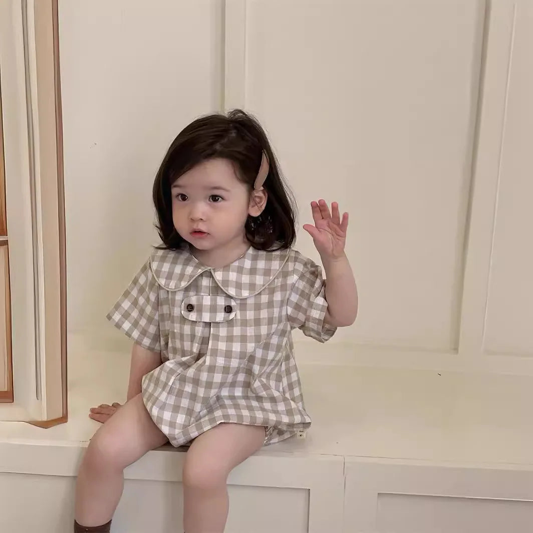 2025 Summer New Baby Girl Plaid Bodysuit Newborn Toddler Girl Dot Print Short Sleeve Jumpsuit Cute Infant Princess Clothes