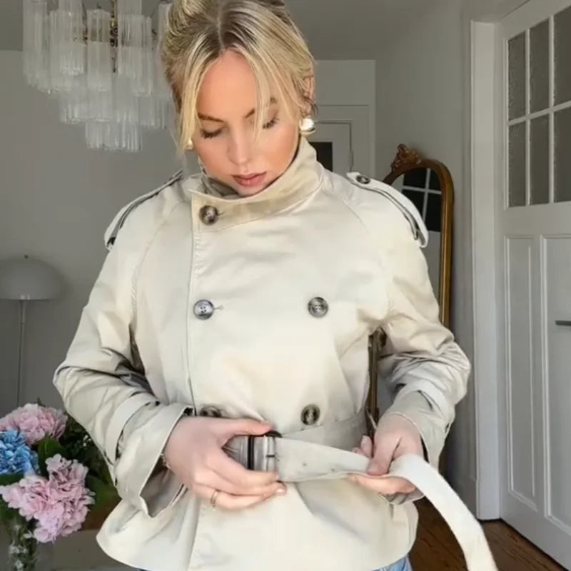 Fashion Women's Short Belt Jackets Long Sleeve Stand Collar Double Breasted Female Coat 2025 Autumn Lady Solid Outwear