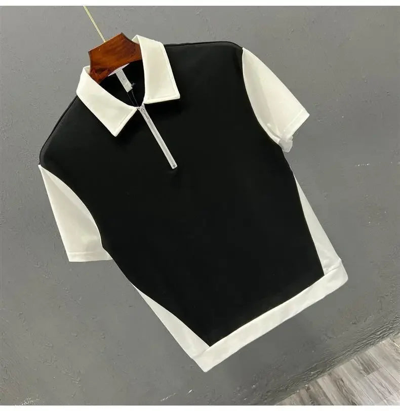 Fashionable Half-zipped Men's Polo Shirt Casual Color Block Short Sleeves Summer Trendy Lightweight Style Men's T-shirt