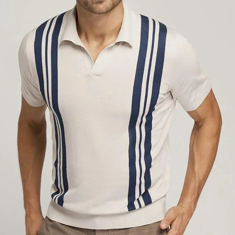 2025 Summer Contrast Color Knitted Polo Shirts Men Green Stripe Turn-down Collar Tops for Men Slim Fit Casual Business Polos