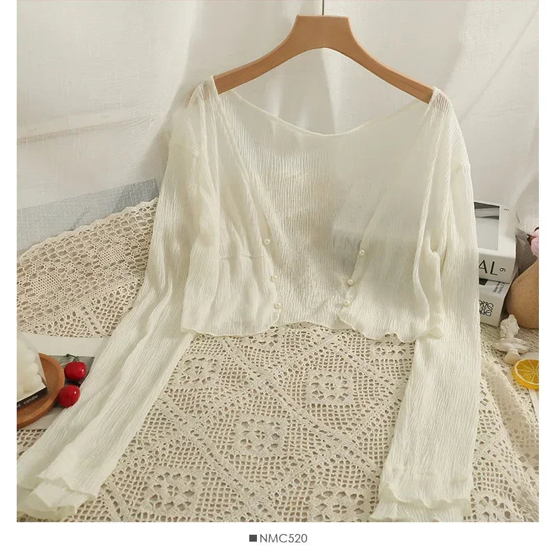 Button Front Crop Women Cardigan Sheer Knit Top Lightweight Bolero .