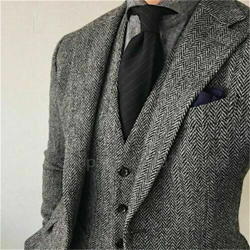 Gray Herringbone Winter Suit for Men Wool Tweed Slim Fit .