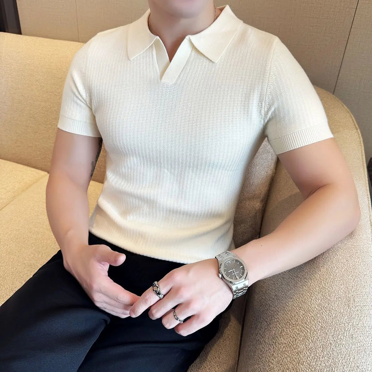 Men's Polo Shirt, Korean Style Slim Fit Collar Solid Color Casual Thin Sleeve Trendy Knit Top