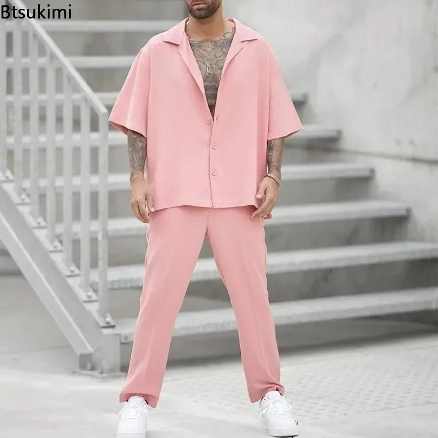 Men's Casual 2PCS Pants Sets Fashion Lapel Shirt .