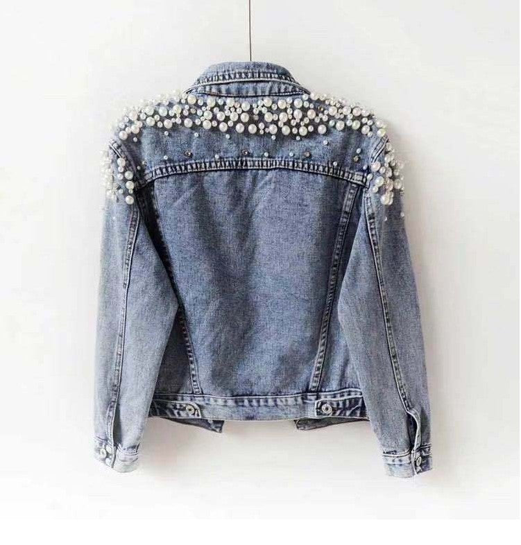 Pearl Denim Coat Women Cotton Spring Autumn Ropa Cardigan Jeans,