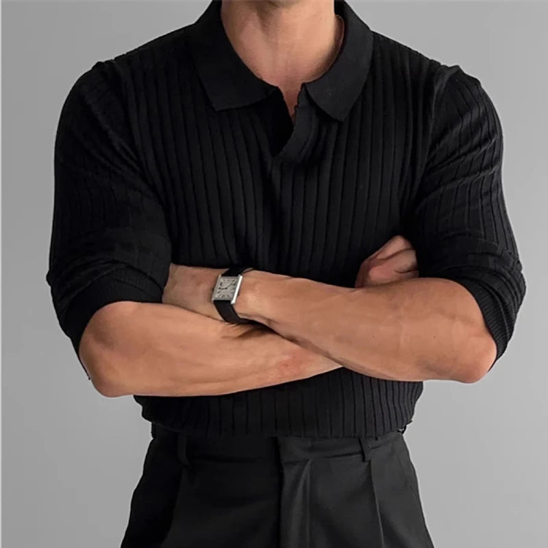 Men's Fashion Luxury V-neck Knitted Jacquard Polo Shirt Solid Color Long-sleeved Korean Popular Leisure Knitwear 2025 New Autumn