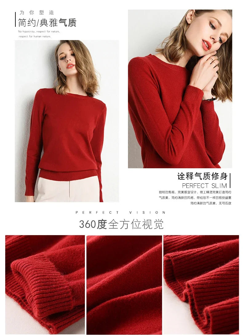 Women Slim O-Neck Pullover Cashmere Wool Blending Sweater.