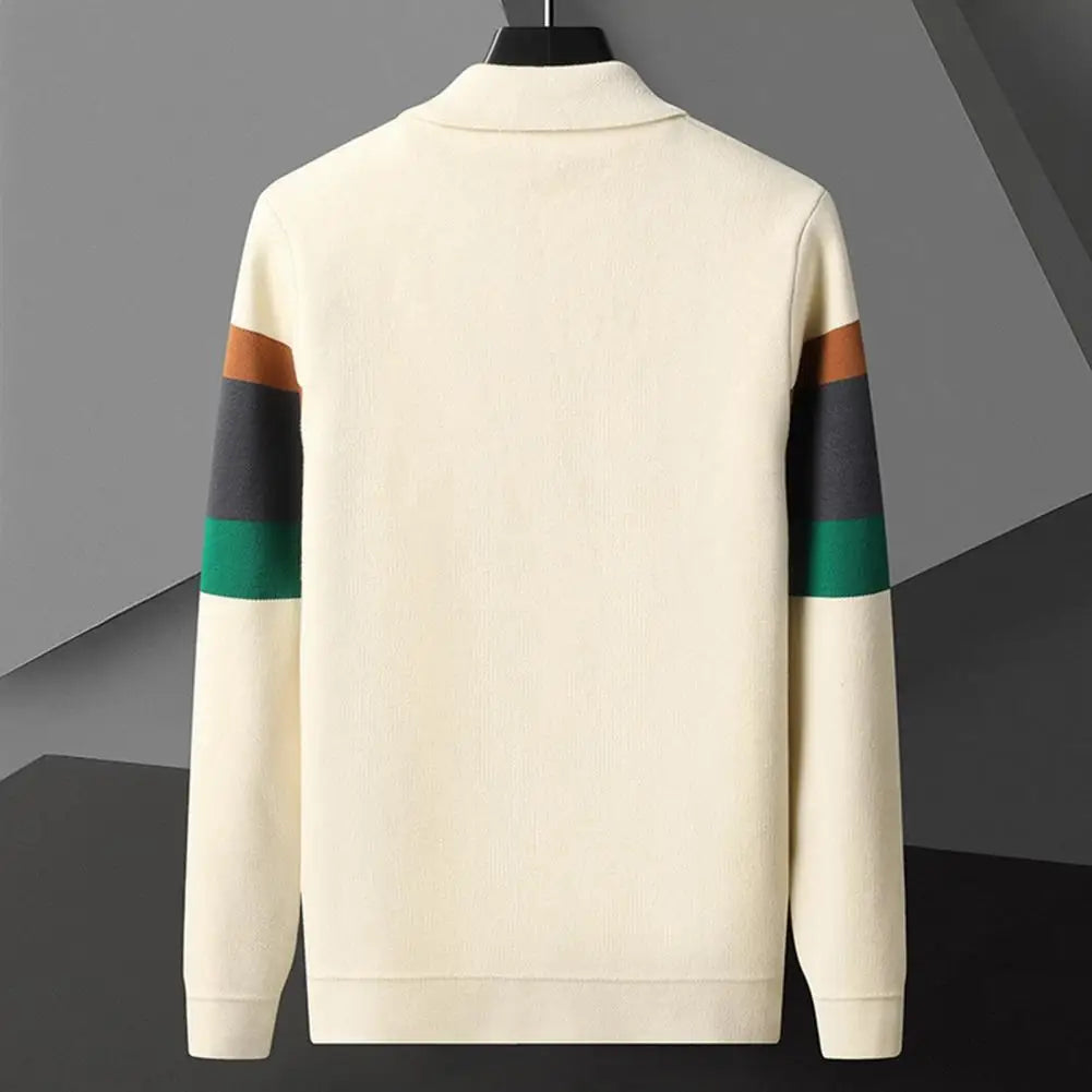 Fall Winter Men Cardigan Sweater Coloblock Turn-down.