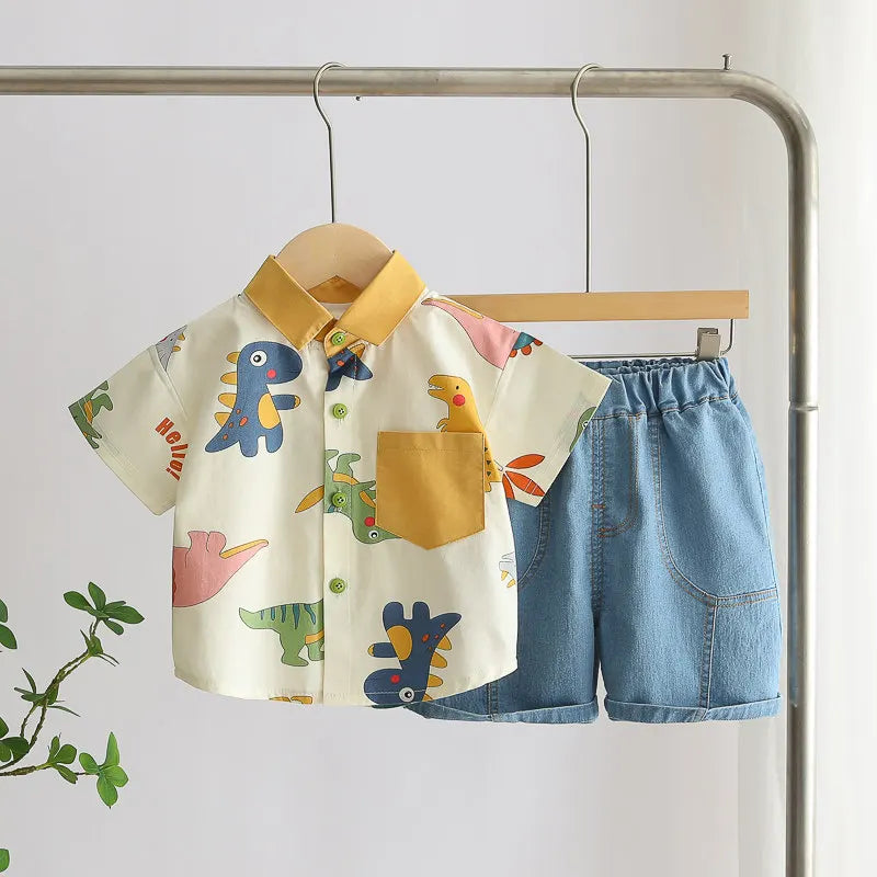 Children Print Dinosaur Shirts Denim Shorts 2Pcs/Set Kids Fashion .