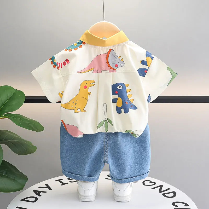 Children Print Dinosaur Shirts Denim Shorts 2Pcs/Set Kids Fashion .