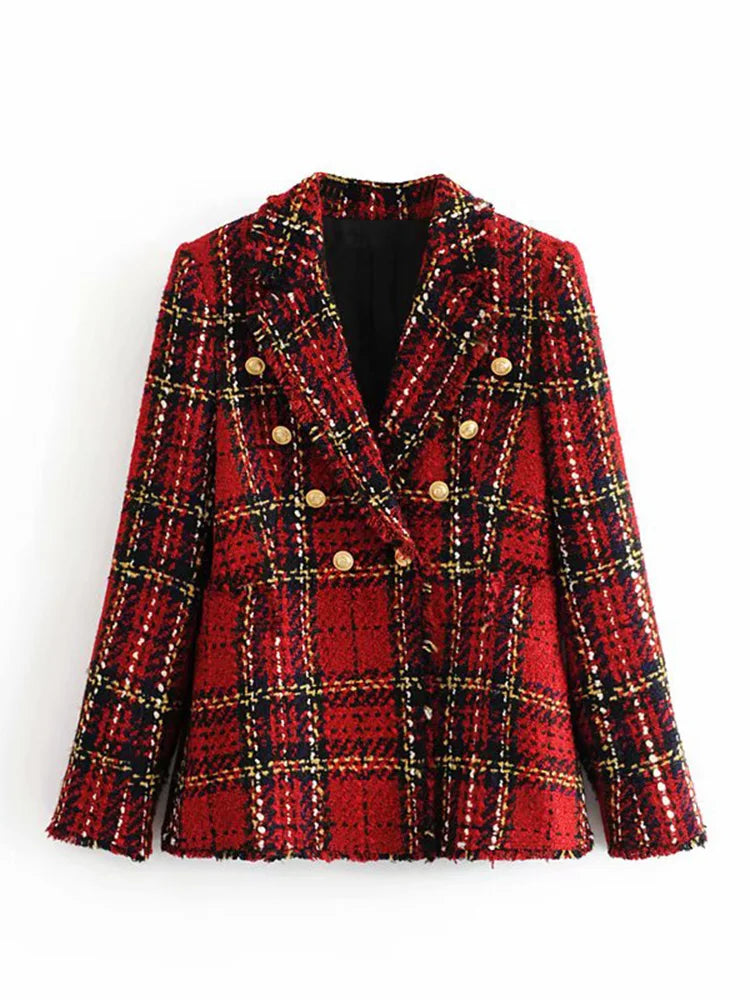 Tweed women red plaid blazers winter fashion women.