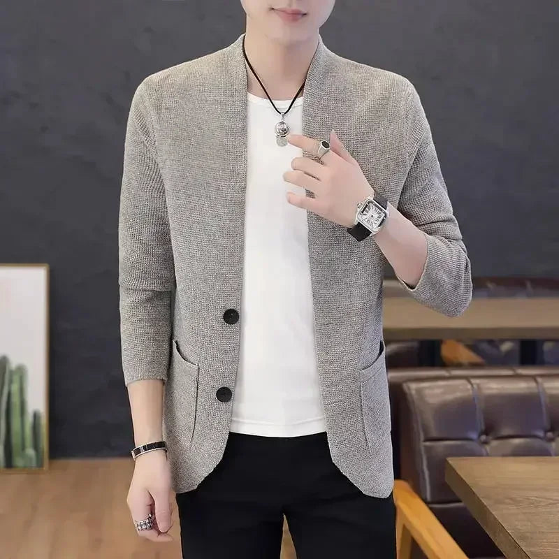 Knit Sweater Male Men's Clothing Cardigan Black Slim Fit Plain .