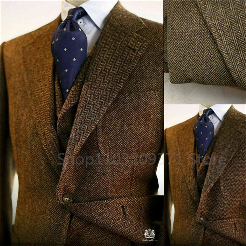 Gray Herringbone Winter Suit for Men Wool Tweed Slim Fit .