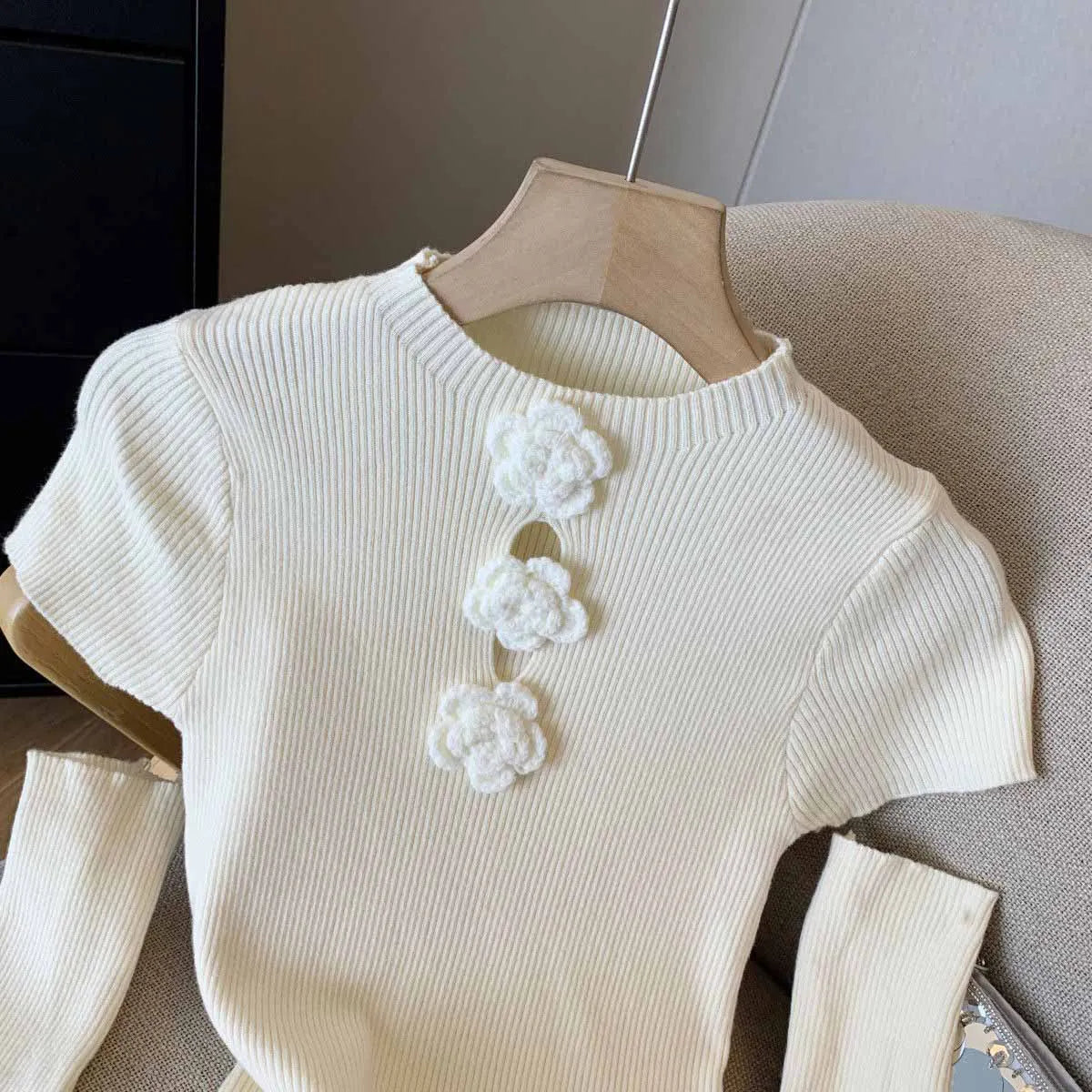 Women's Clothing Fashion Floral Solid Knitted Sweaters Spring Summer Elegant Slim O-neck Long Sleeve Tops