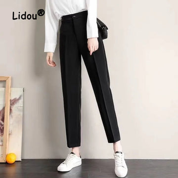 Fashion Office Pocket Black Loose Ankle-Length Pants Women New High Waist Korean Zipper Button All-match Lady Straight Trousers