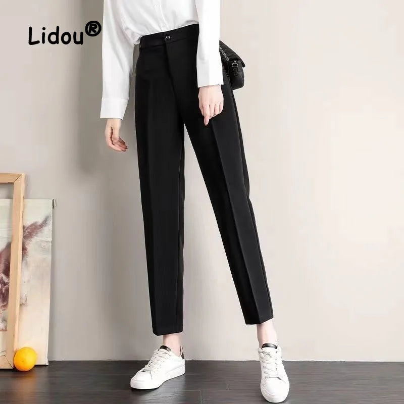 Fashion Office Pocket Black Loose Ankle-Length Pants Women New High Waist Korean Zipper Button All-match Lady Straight Trousers