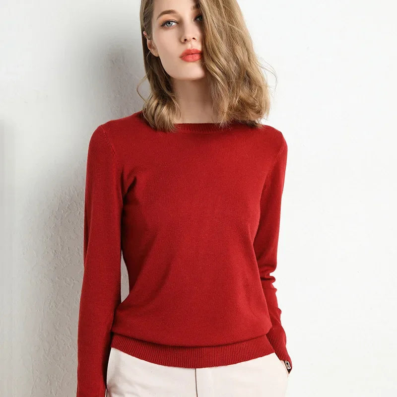 Women Slim O-Neck Pullover Cashmere Wool Blending Sweater.