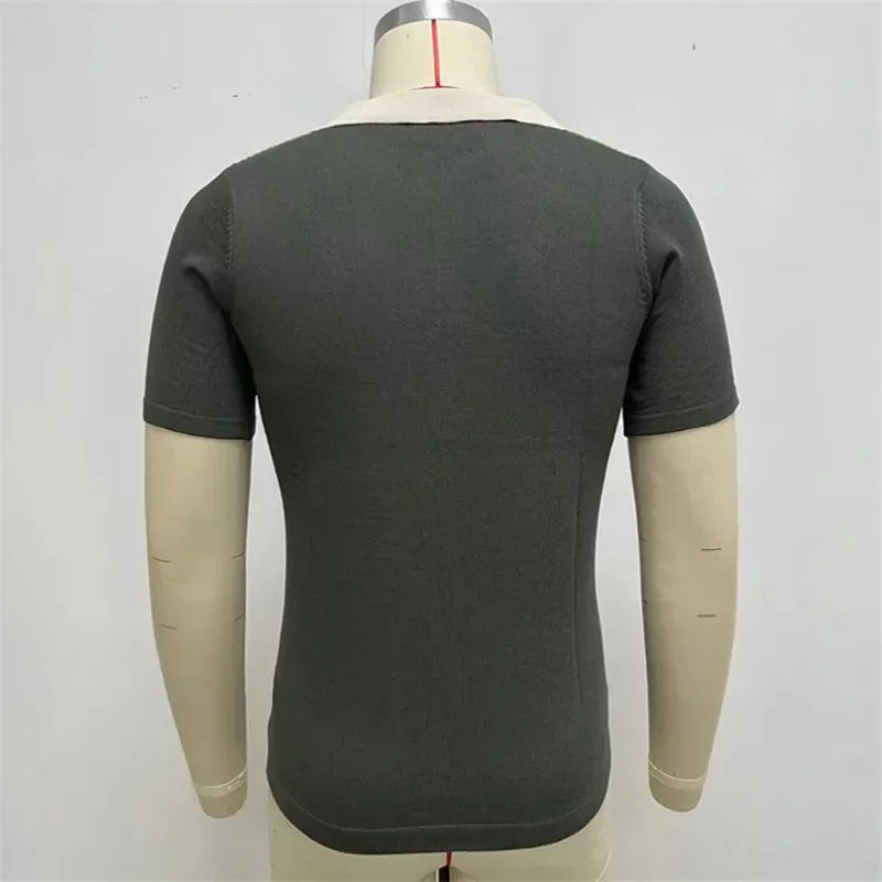 2025 Summer Contrast Color Knitted Polo Shirts Men Green Stripe Turn-down Collar Tops for Men Slim Fit Casual Business Polos