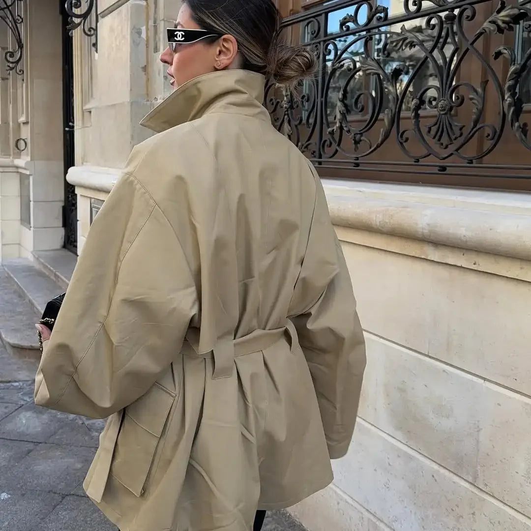 Single Breasted Khaki Belt Trench Coat Women.