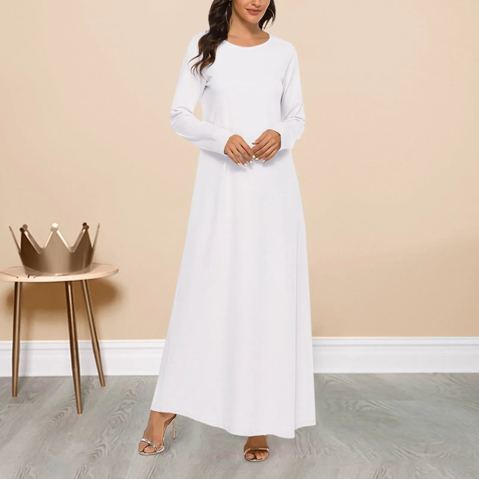 Women's Casual Solid Color Muslim Dress Long Sleeve Hollow Out Sequins Cardigan Loose Fit Long Skirt Islamic Dress