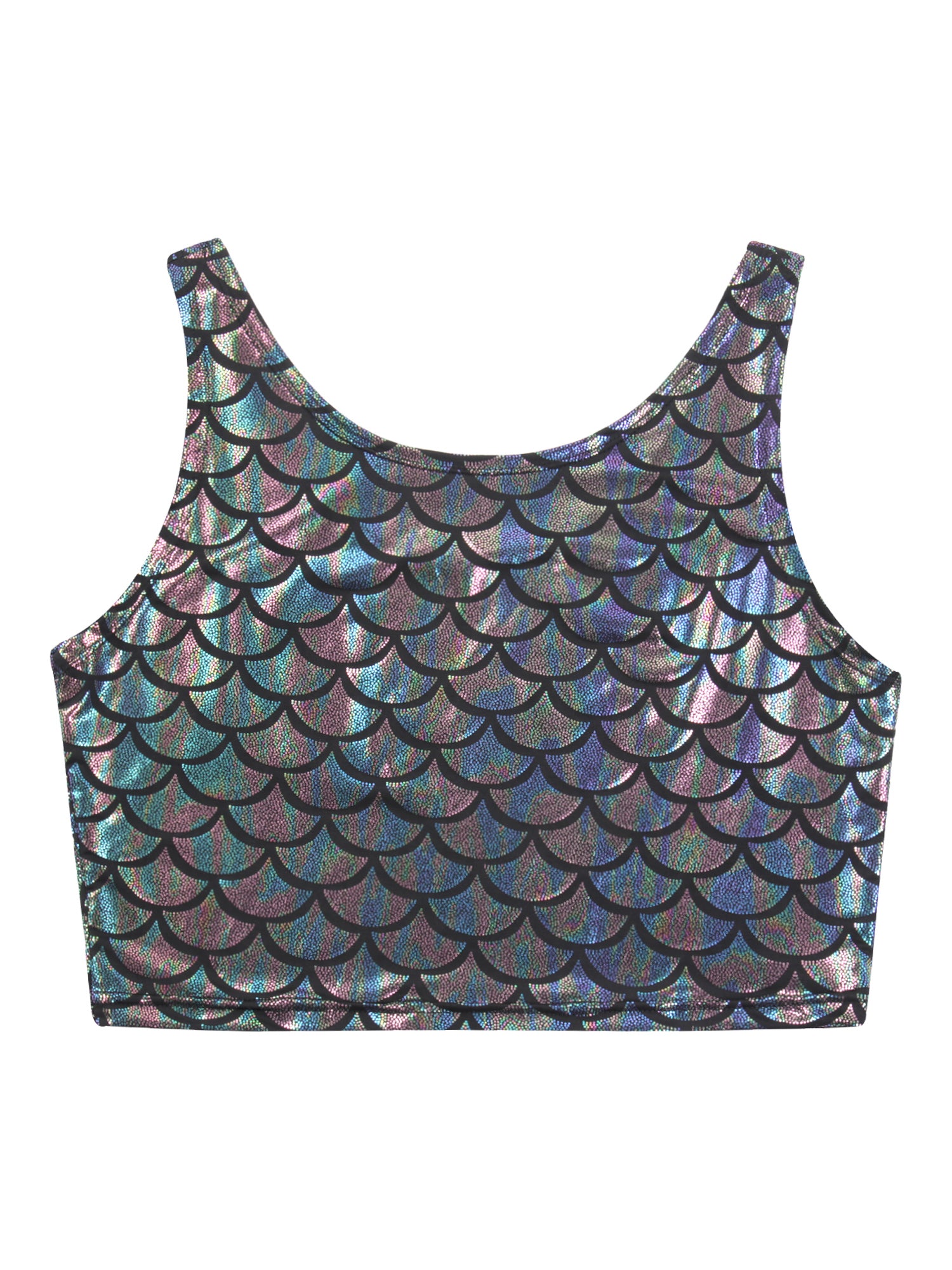 Women Shiny Metallic Crop Top Y2K Mermaid Fish Scale Print Cropped Tank Top Vest Festival Rave Pole Dance Costume Party Clubwear