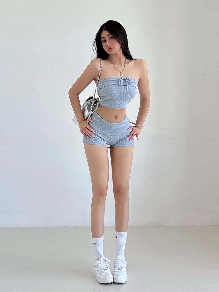 Summer Spicy Girl Casual Lace Up Bra Flip Waist Shorts Two Piece Fashion Set Fashion Casual Women Shorts Set 2024 New TX7C