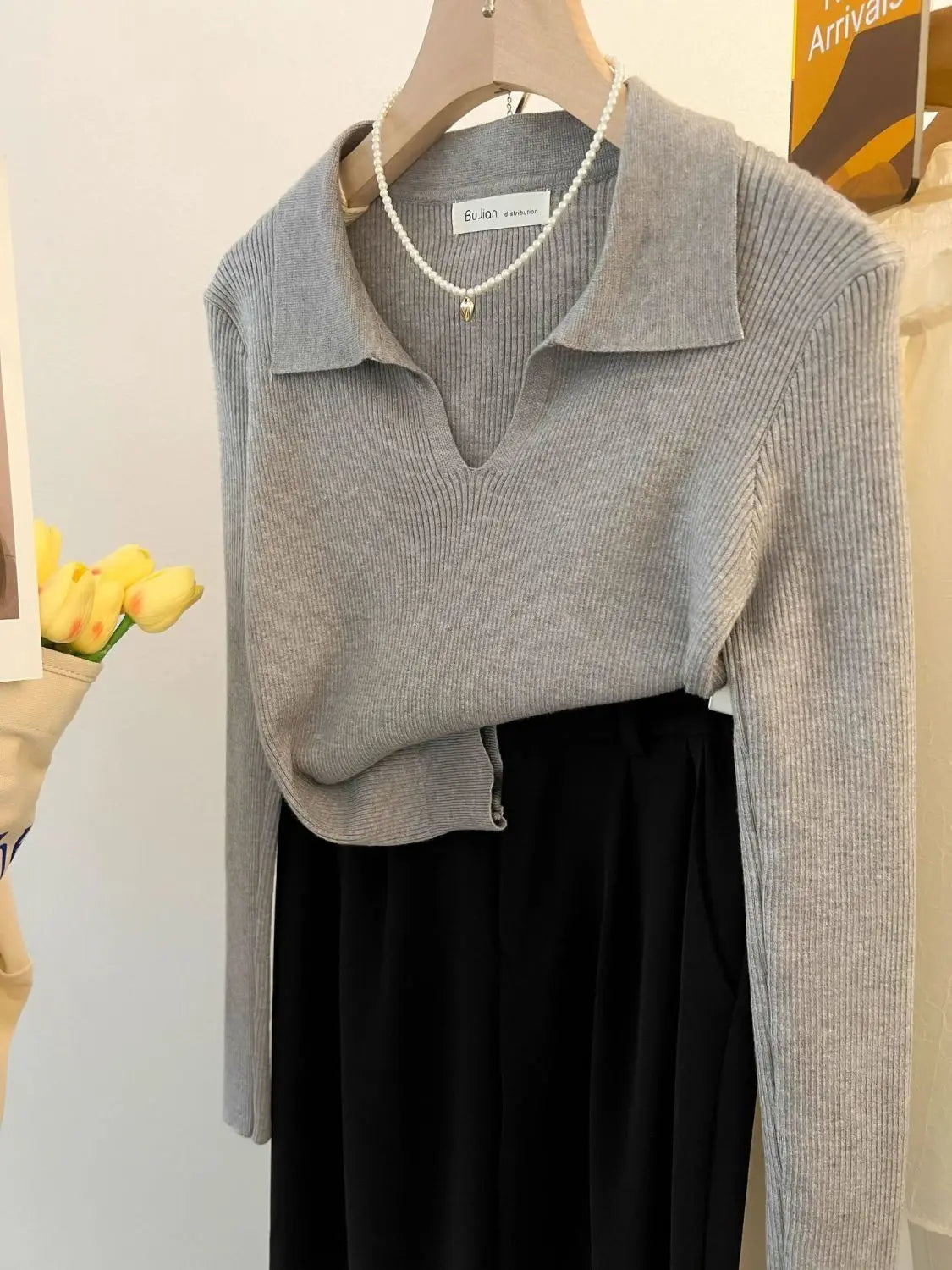 Women Clothing Vintage Fashion Solid Turn-down Collar Pullovers.