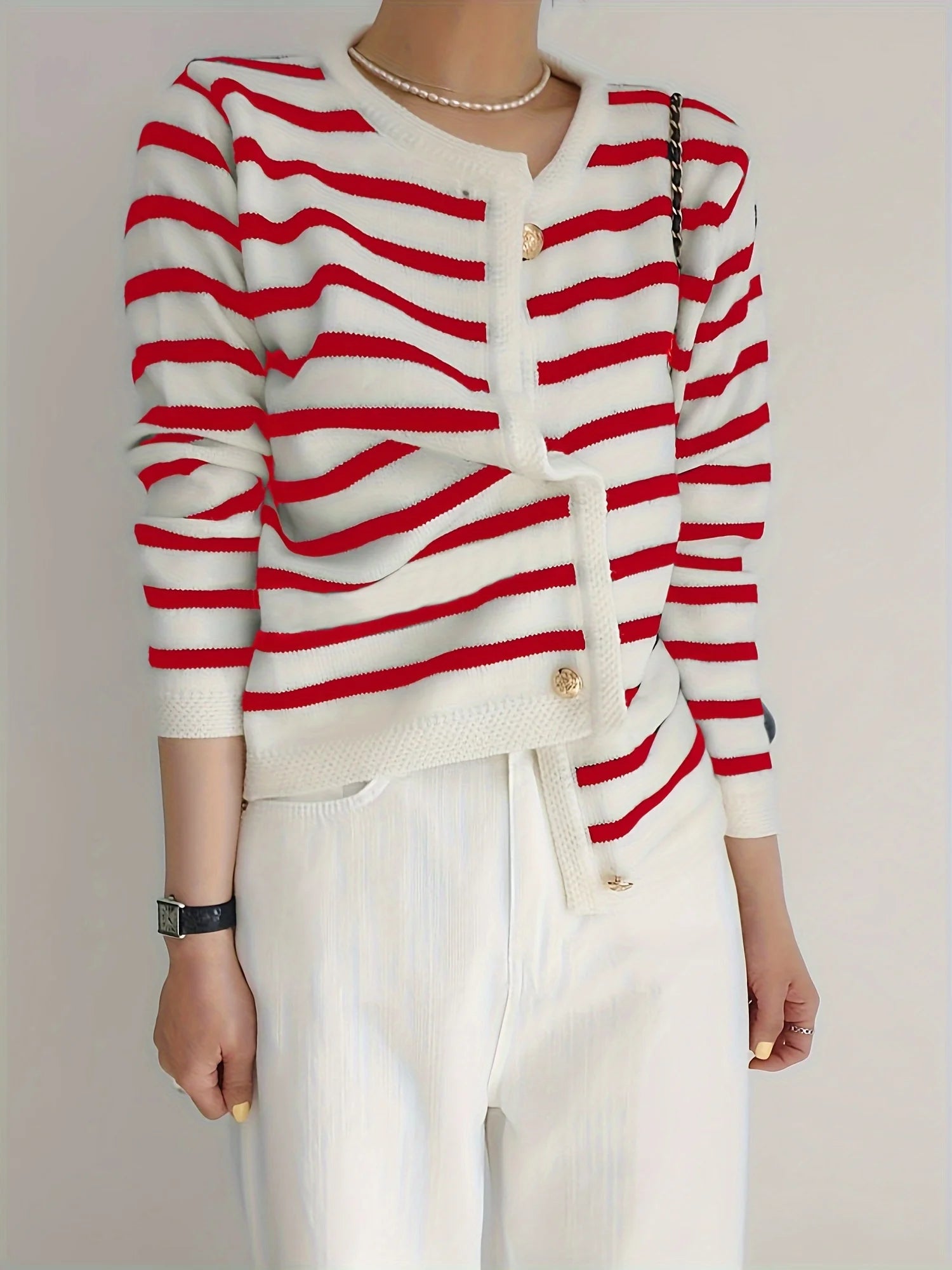 Chic Striped Cardigan Sweater Soft Long Sleeve Crew Neck Button.
