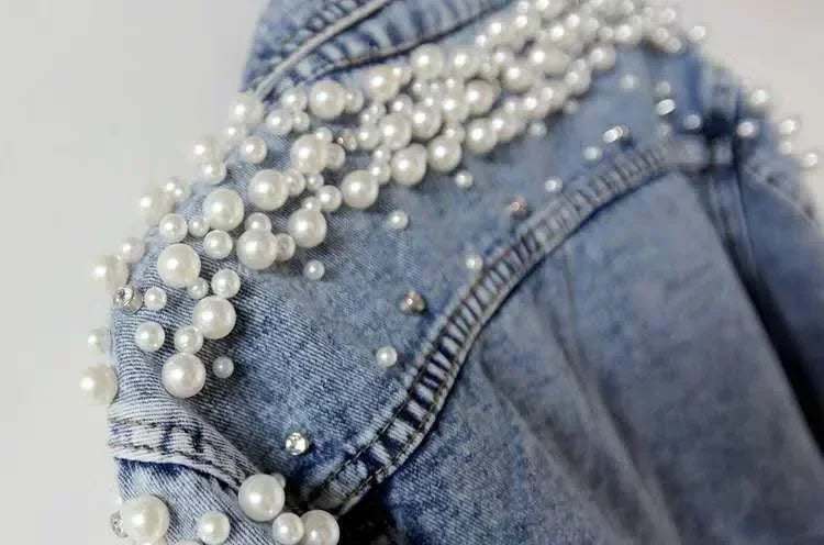 Pearl Denim Coat Women Cotton Spring Autumn Ropa Cardigan Jeans,