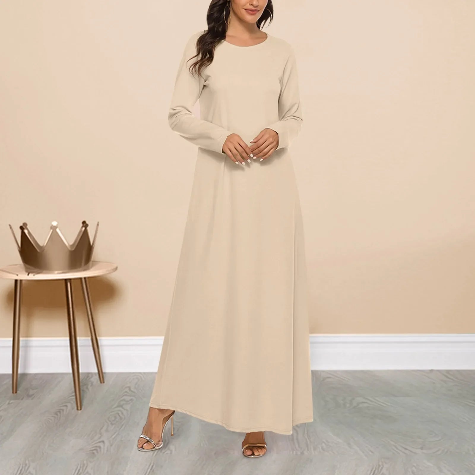 Women's Casual Solid Color Muslim Dress Long Sleeve Hollow Out Sequins Cardigan Loose Fit Long Skirt Islamic Dress