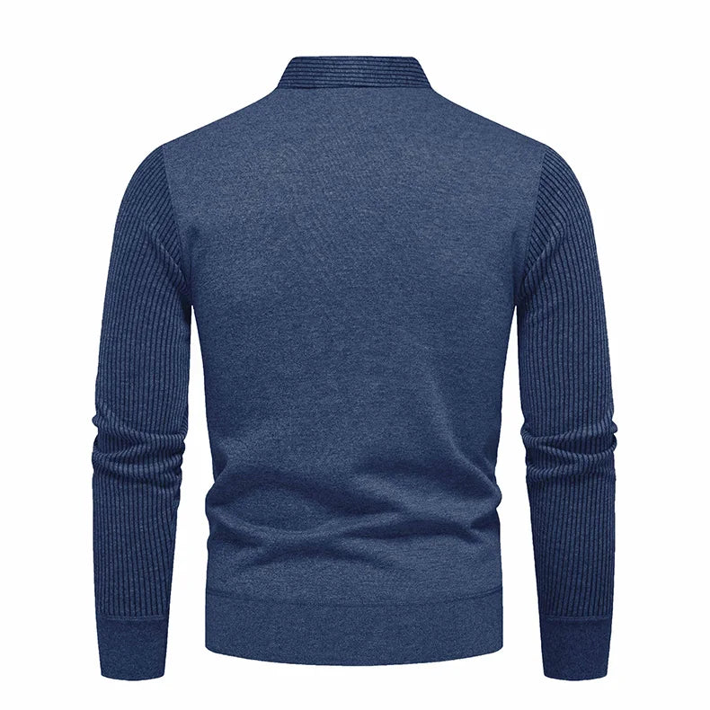 Autumn and Winter New Men's Fake Two Piece Sweater with Fleece and Slim Fit Polo Collar Knitted Bottom Shirt Thickened and Warm