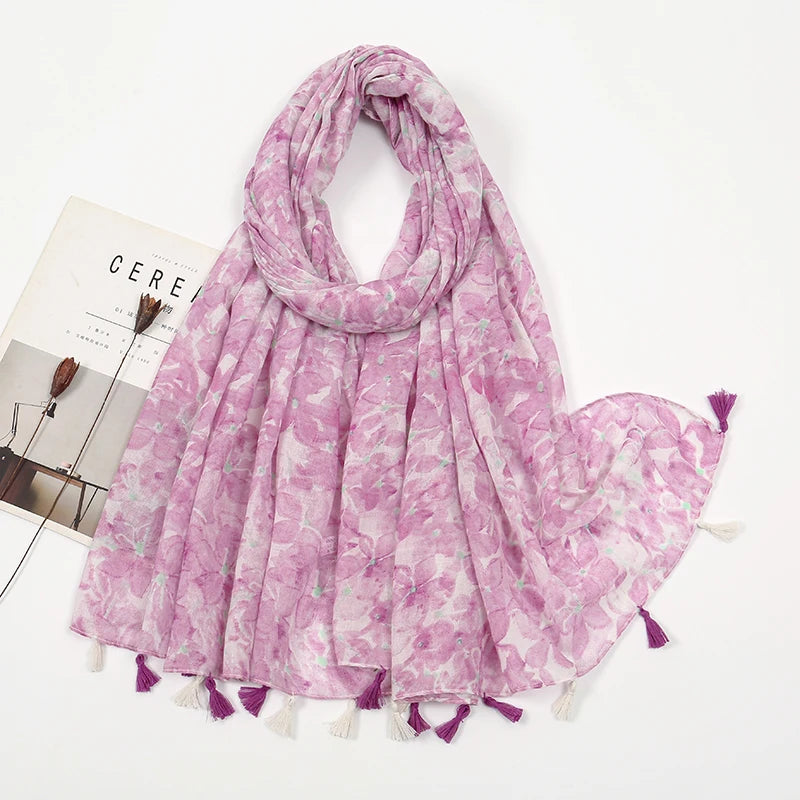 New Printed Soft Linen Cotton Scarf Shawls Women Muslim Hijabs Premium Foulard Femme Long Fresh Floral Tassel Scarves Echarpe