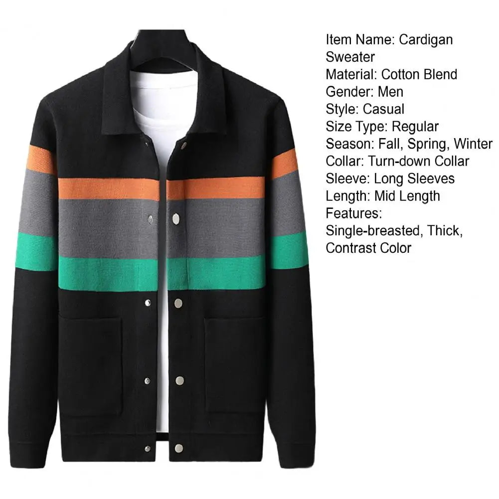 Fall Winter Men Cardigan Sweater Coloblock Turn-down.