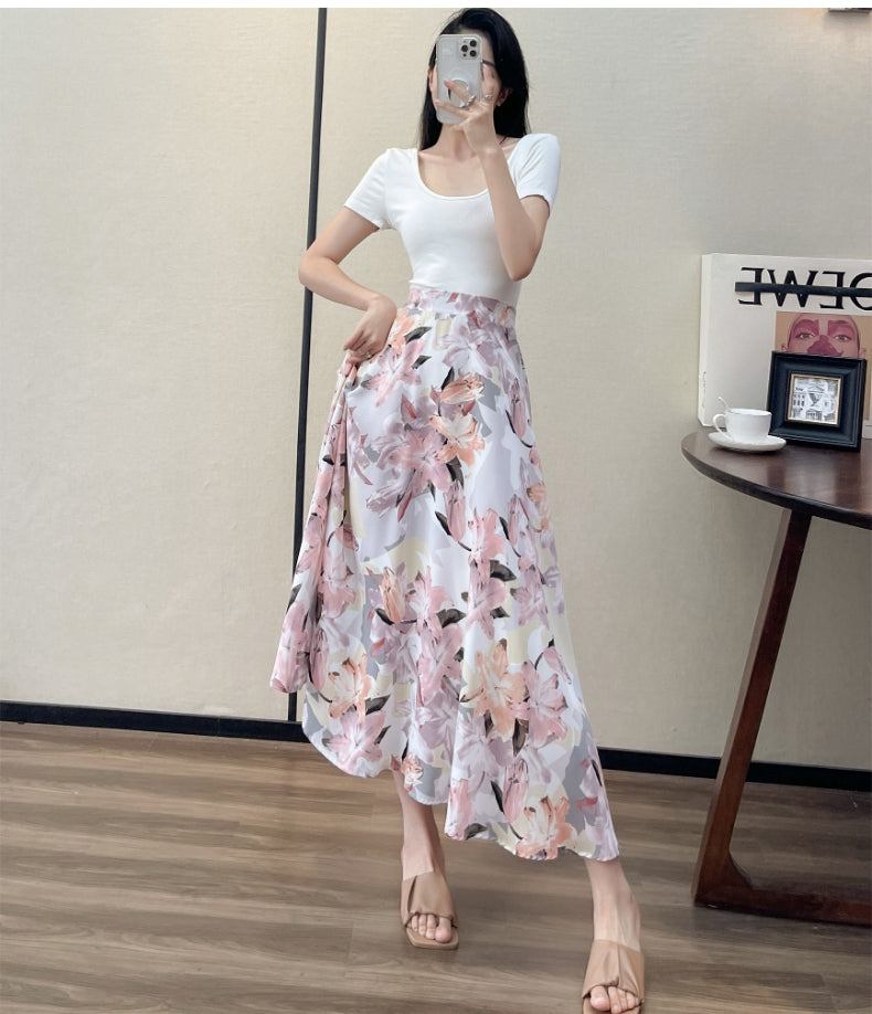 Summer High Waist Women Skirts Casual Floral Printed Chiffon.