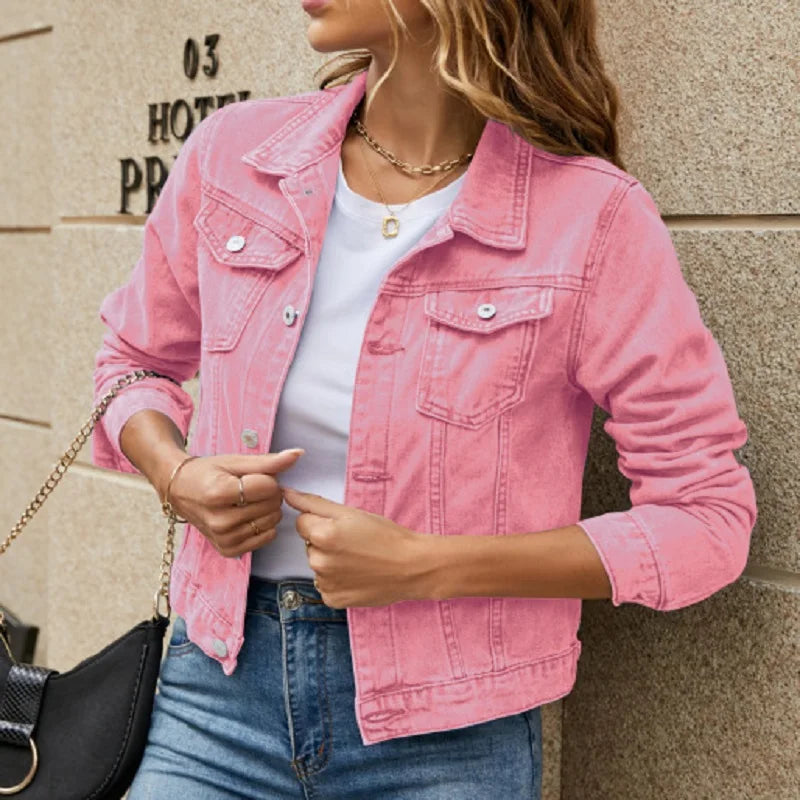 Women Autumn Denim Short Jackets Single Breasted Long Sleeve .