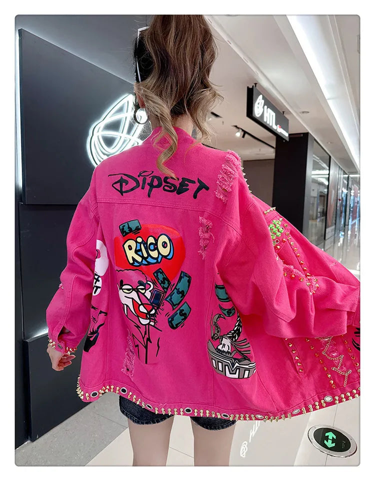 Women Graffiti Printed Rivets Denim Jacket Loose Holes Diamonds .