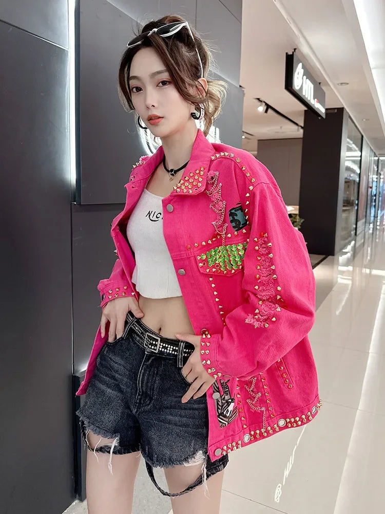 Women Graffiti Printed Rivets Denim Jacket Loose Holes Diamonds .