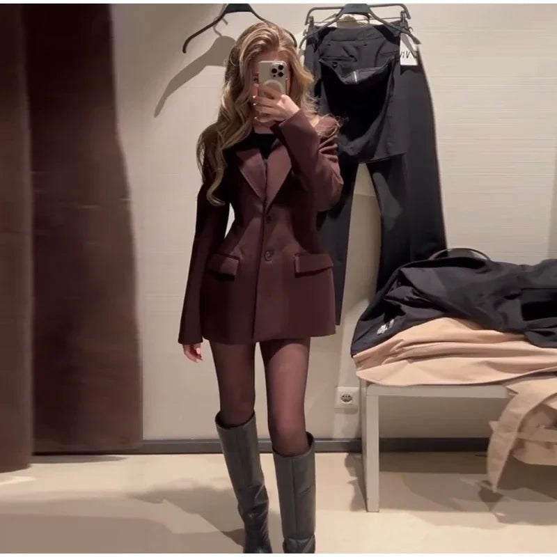 Elegant Lapel Blazer Skirt Set Women Casual Slim.