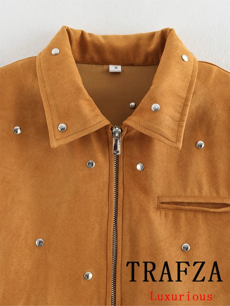 TRAFZA Casual Chic Women Solid Jackets Rivet Long Sleeve .