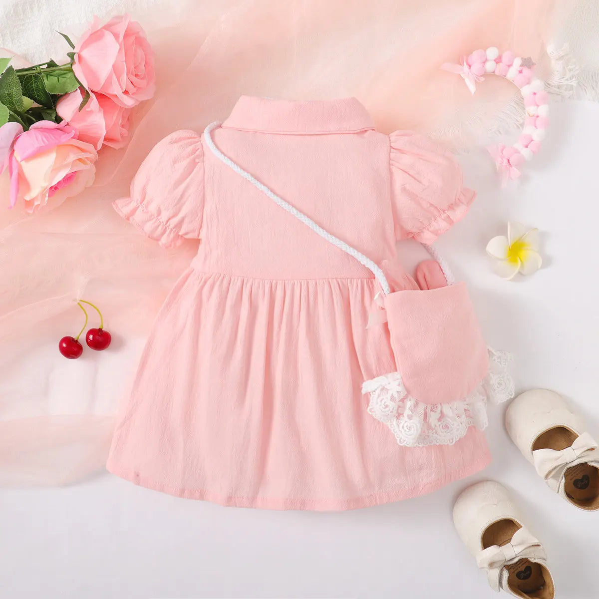 2PCS Baby Girl Pink Short Sleeve Dress with Cute Shoulder Bag ,