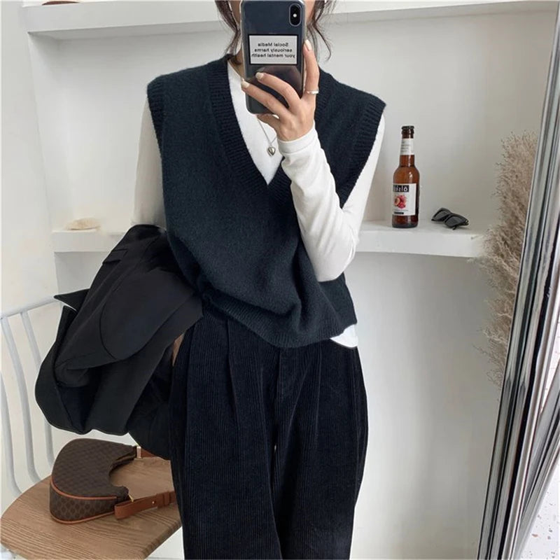 Sleeveless Knitted Sweater Vests Women Casual Solid Loose Outerwear .