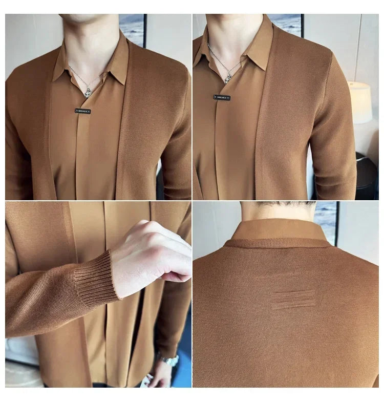 Autumn New Fake 2 Pieces Knitted Cardigan Traceless Shirt.