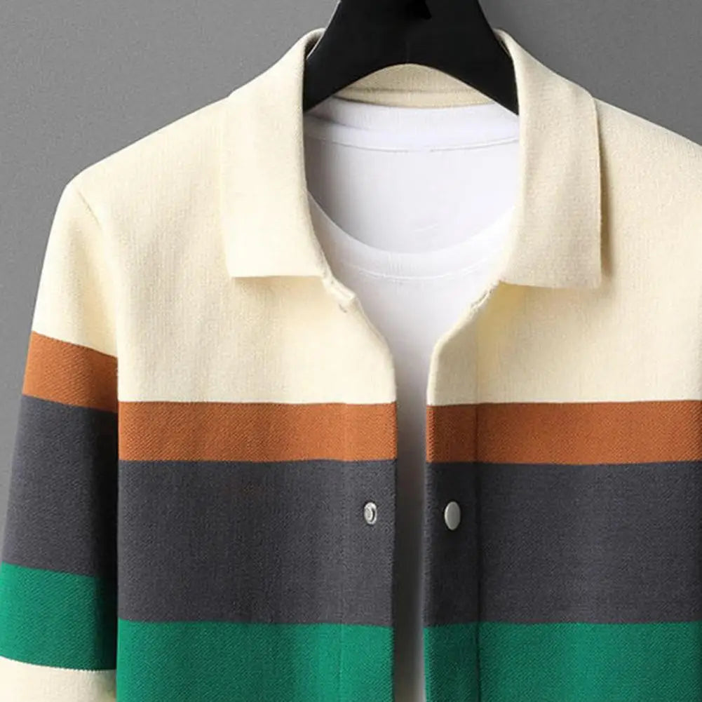 Fall Winter Men Cardigan Sweater Coloblock Turn-down.