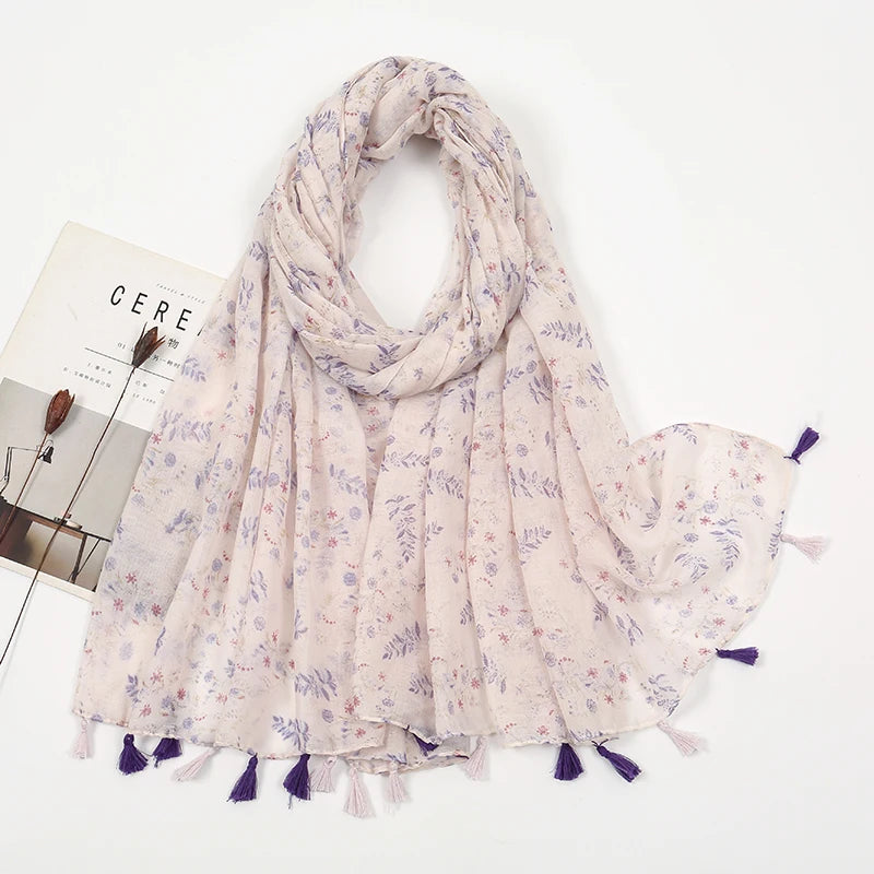 New Printed Soft Linen Cotton Scarf Shawls Women Muslim Hijabs Premium Foulard Femme Long Fresh Floral Tassel Scarves Echarpe