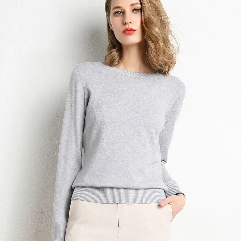 Women Slim O-Neck Pullover Cashmere Wool Blending Sweater.